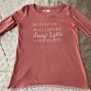 Hollister. Pink long sleeve top w/lace trim. SM.